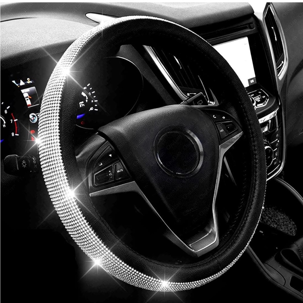 NWT Luxury Black Steering Wheel Cover with Rhinestones